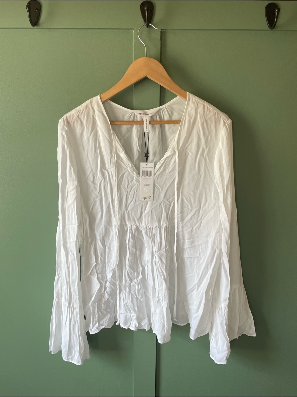 BCBGeneration White V-Neck Peasant Top with Bell Sleeves